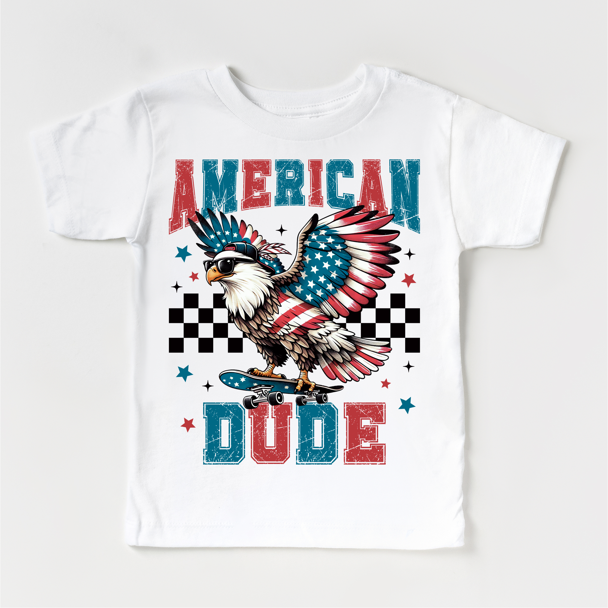 White t-shirt with an eagle graphic and 'American Dude' text on a white background