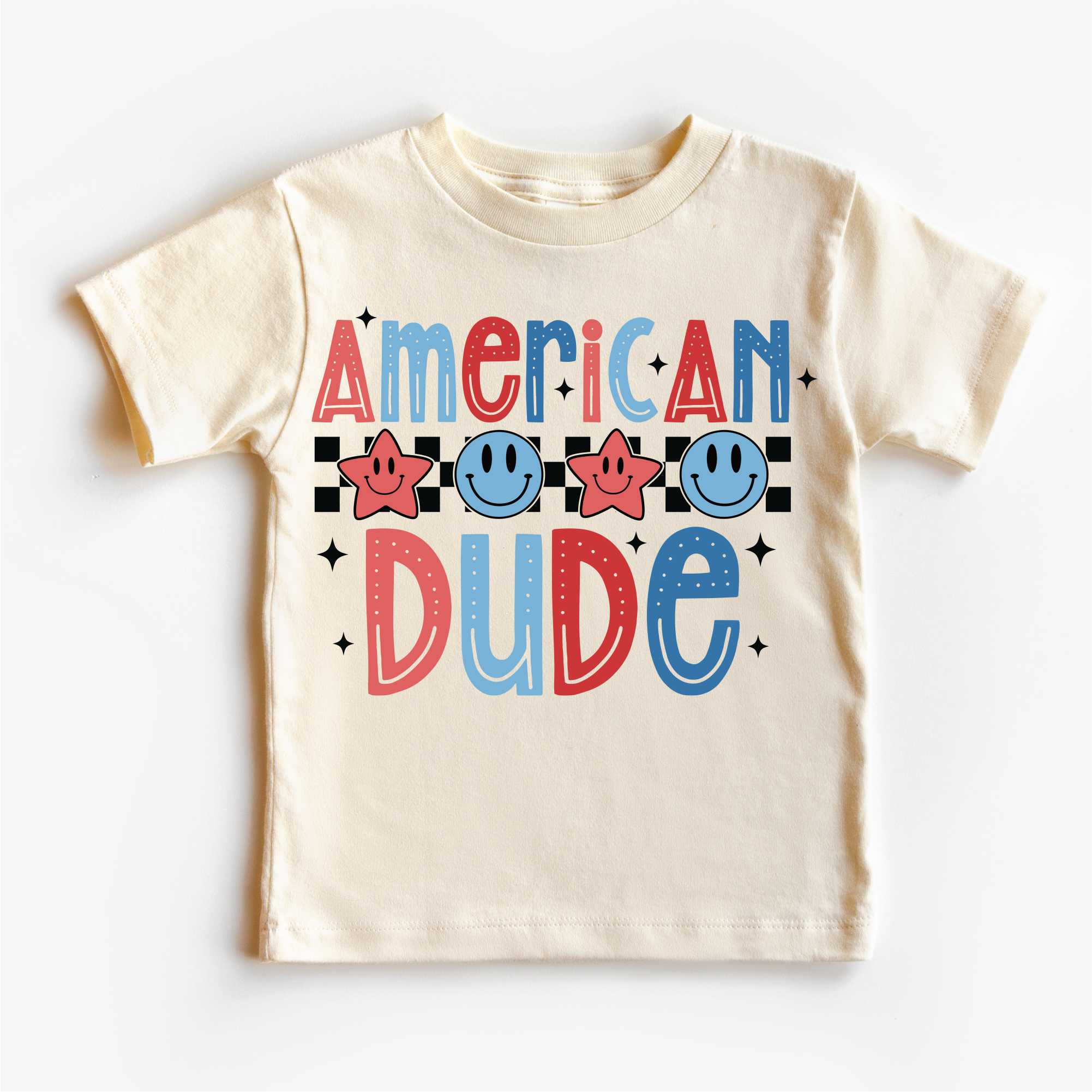 Beige t-shirt with colorful 'American Dude' text design on a white background