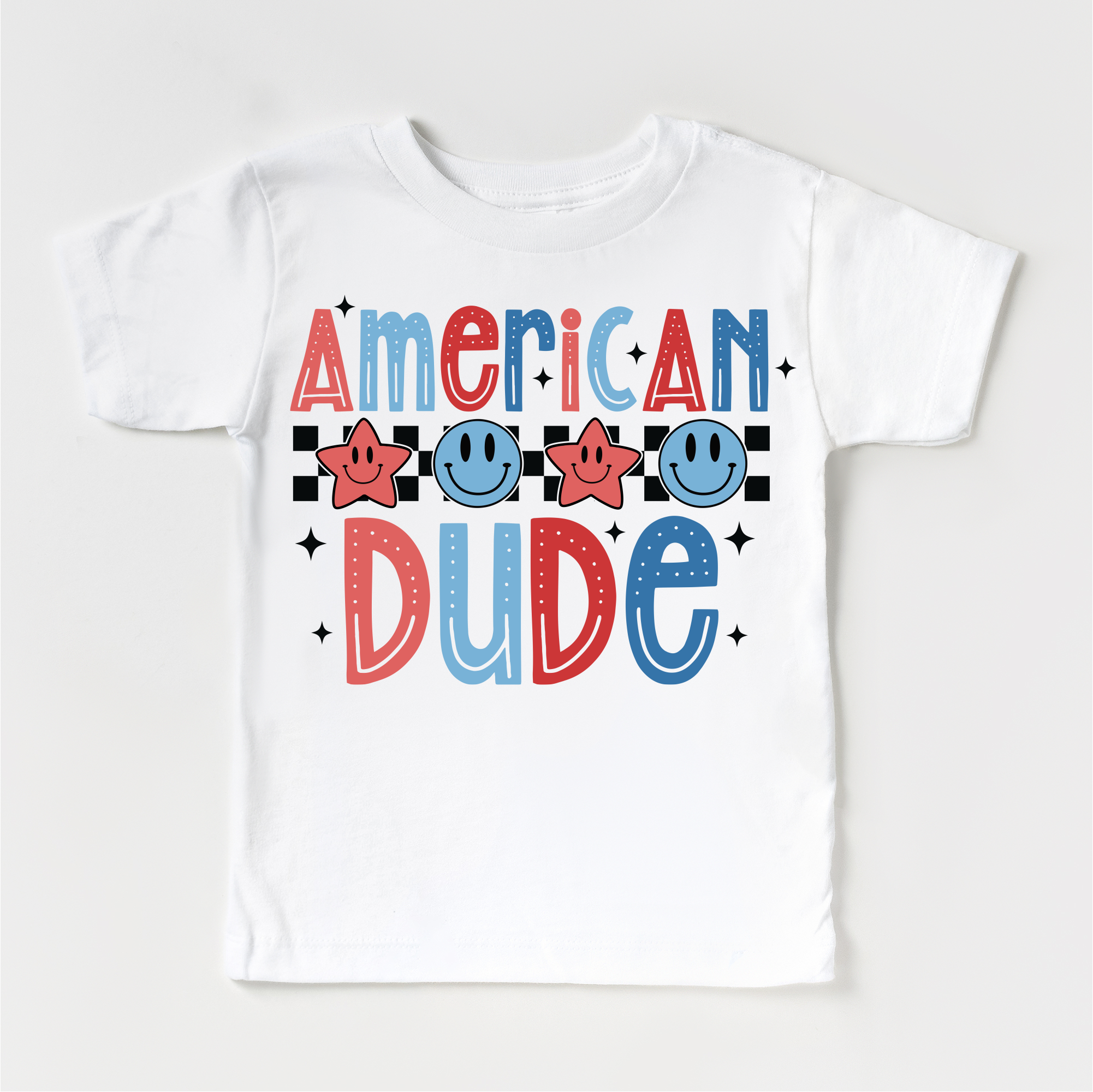 White t-shirt with 'American Dude' text and star designs on a white background