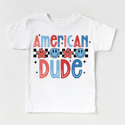 White t-shirt with 'American Dude' text and star designs on a white background