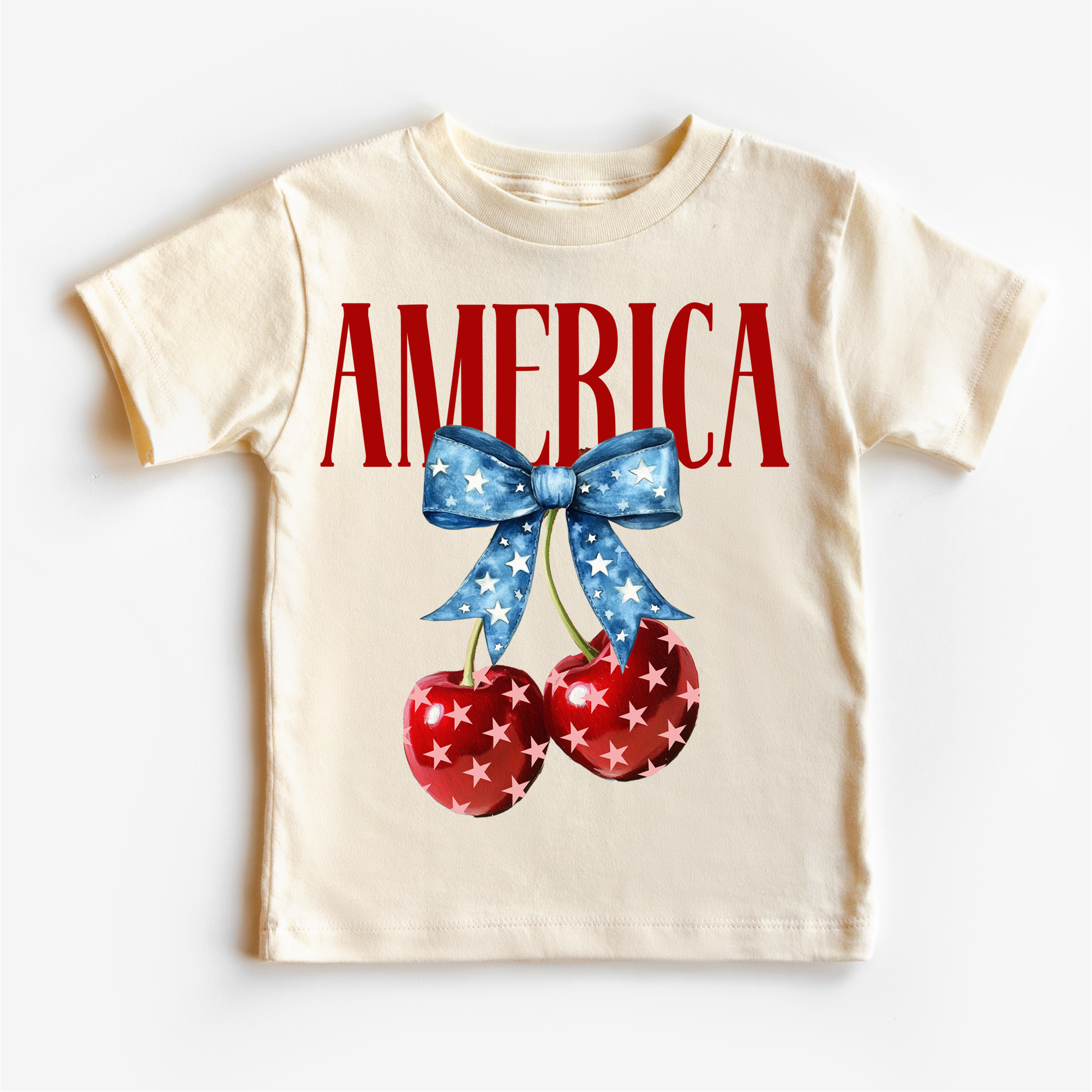 Children's t-shirt with 'AMERICA' text and cherry design on a white background