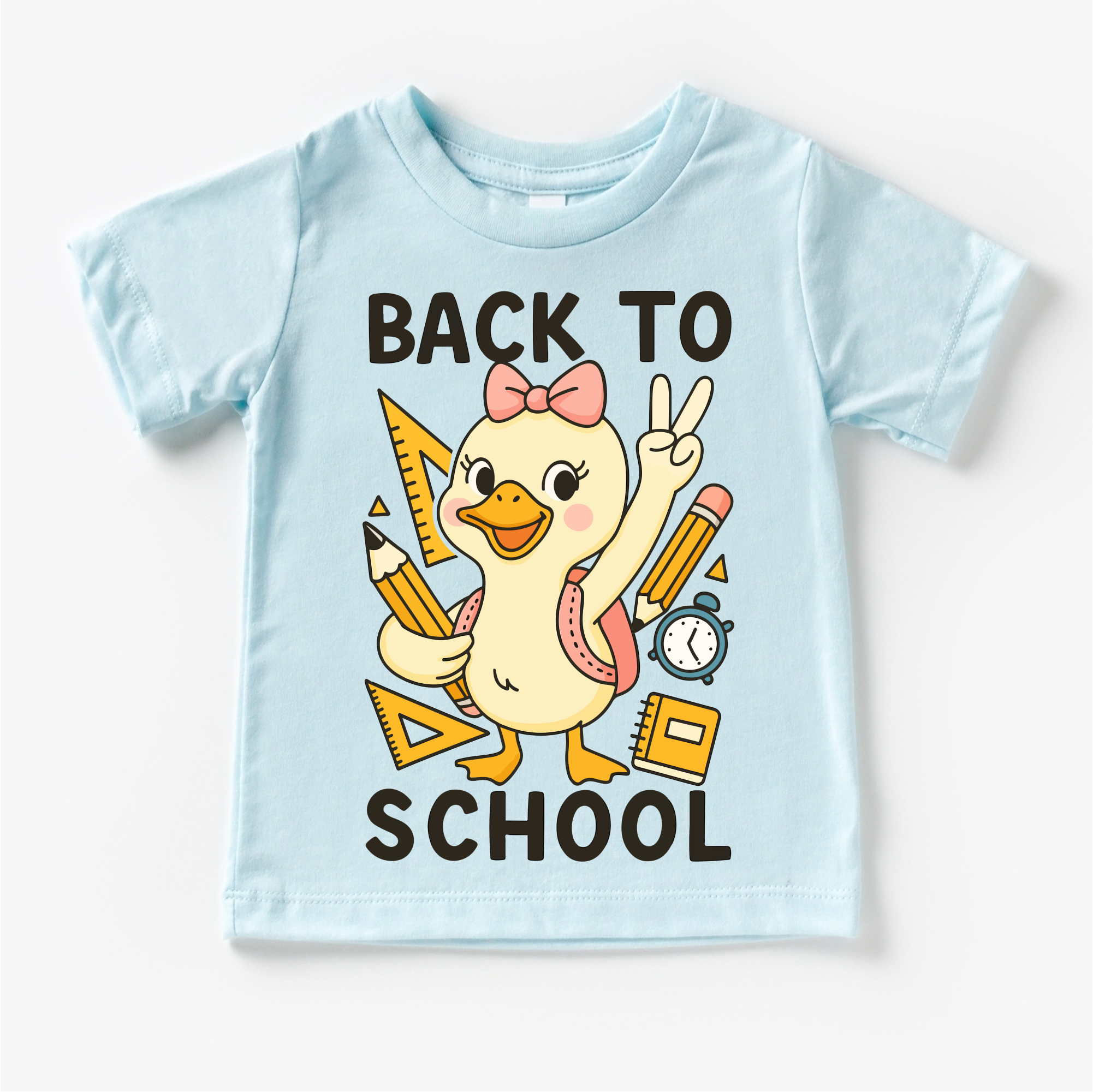 Light blue t-shirt with a cartoon duck and 'Back to School' text on a white background