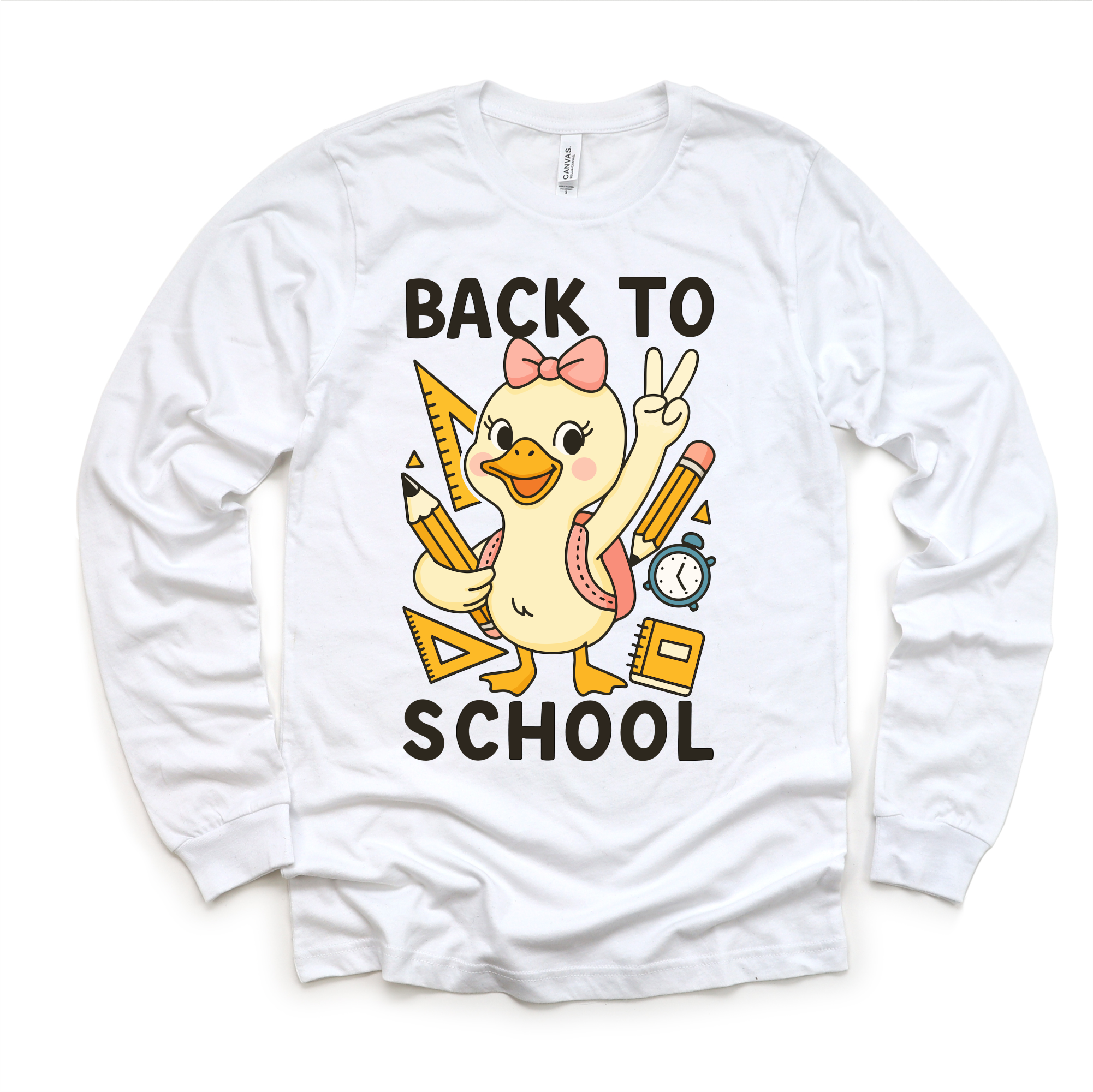 White long sleeve shirt with a cartoon duck holding school supplies and 'Back to School' text on a white background