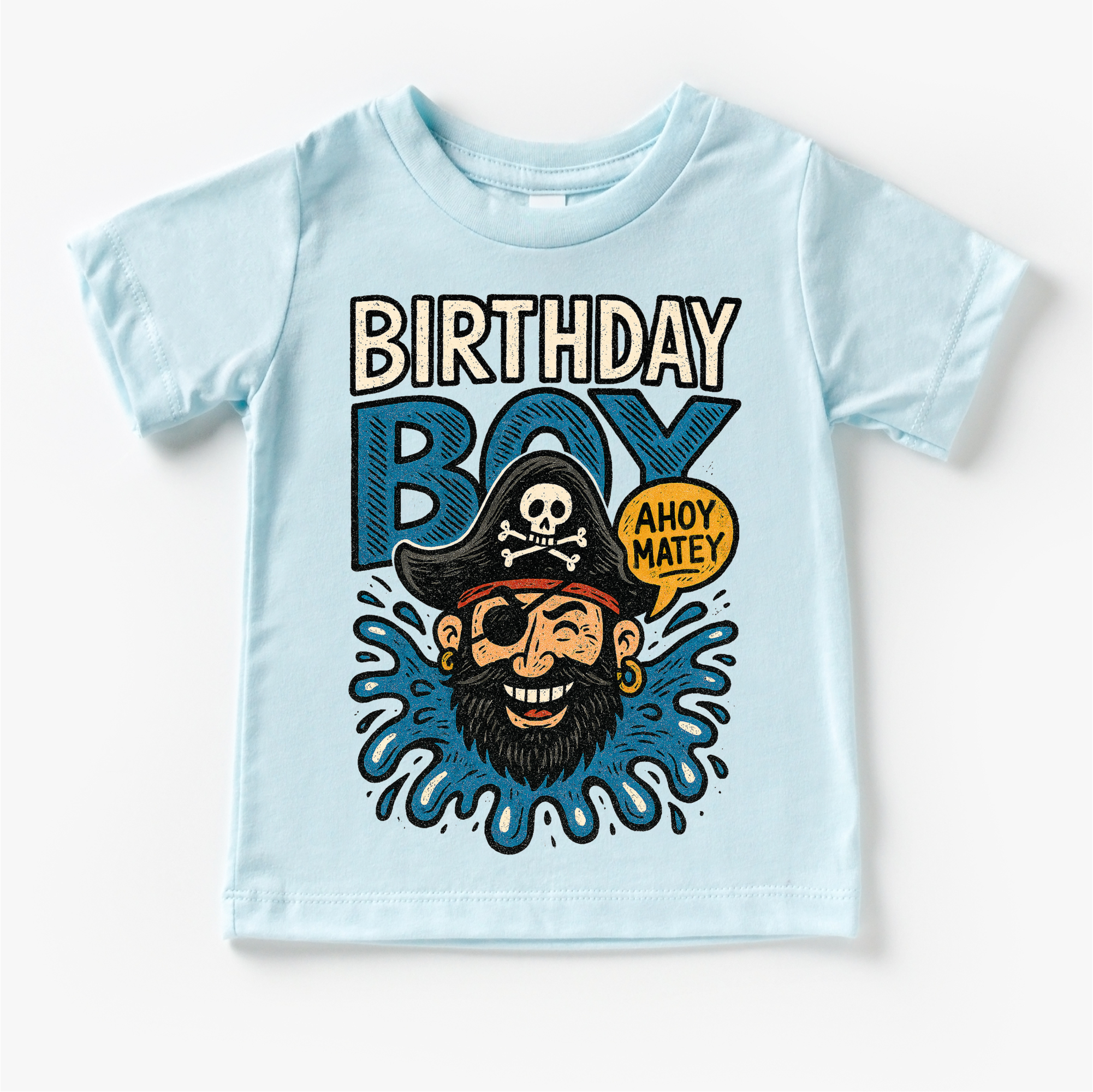 Light blue t-shirt with a pirate graphic and 'Birthday Boy' text on a white background