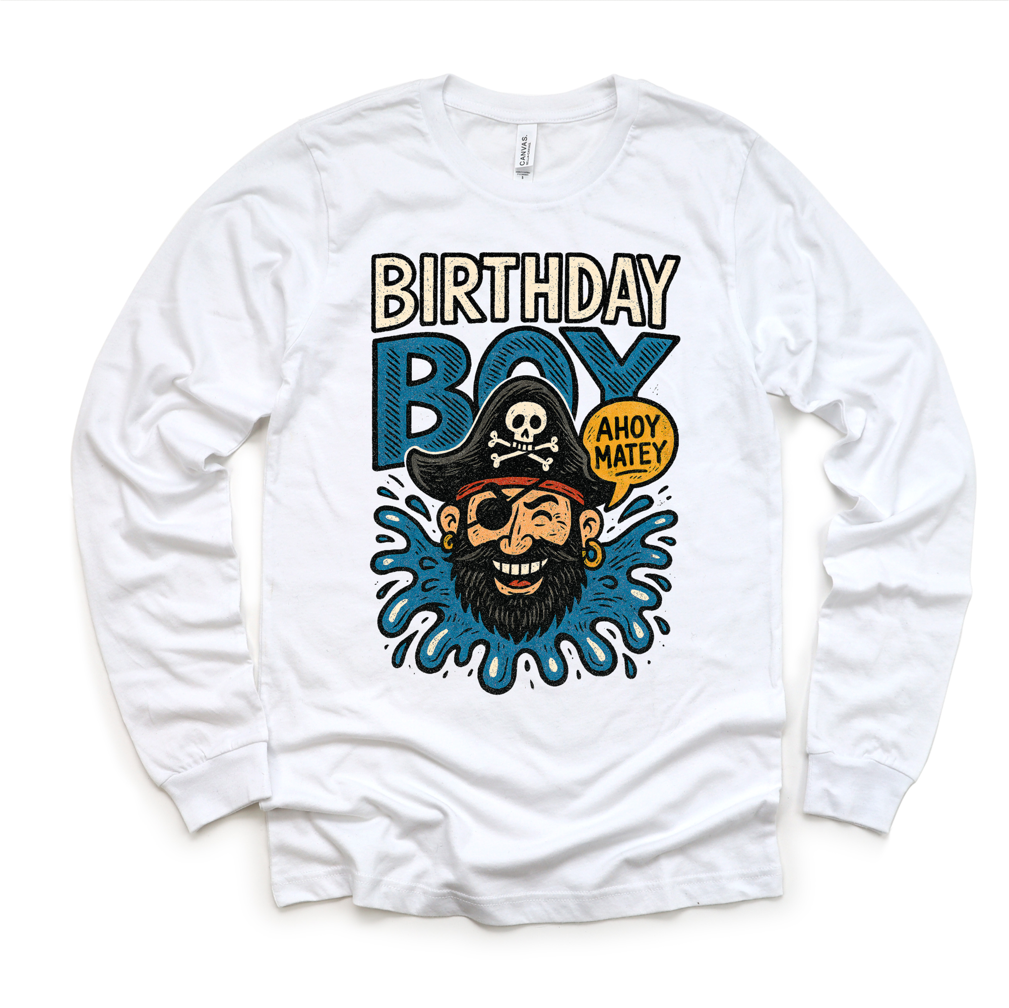 White long sleeve shirt with a pirate-themed design and 'Birthday Boy' text on a white background