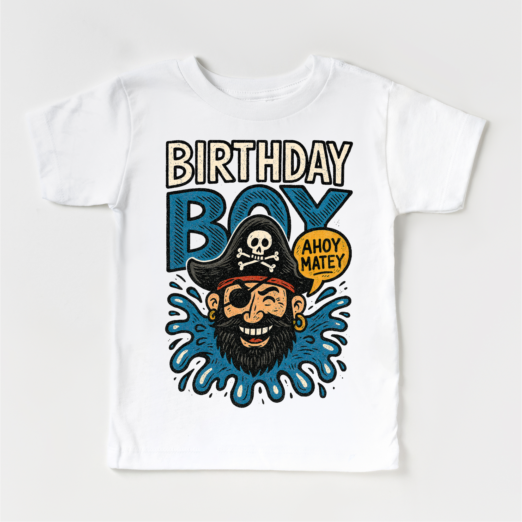 White t-shirt with a pirate-themed design and 'Birthday Boy' text on a white background