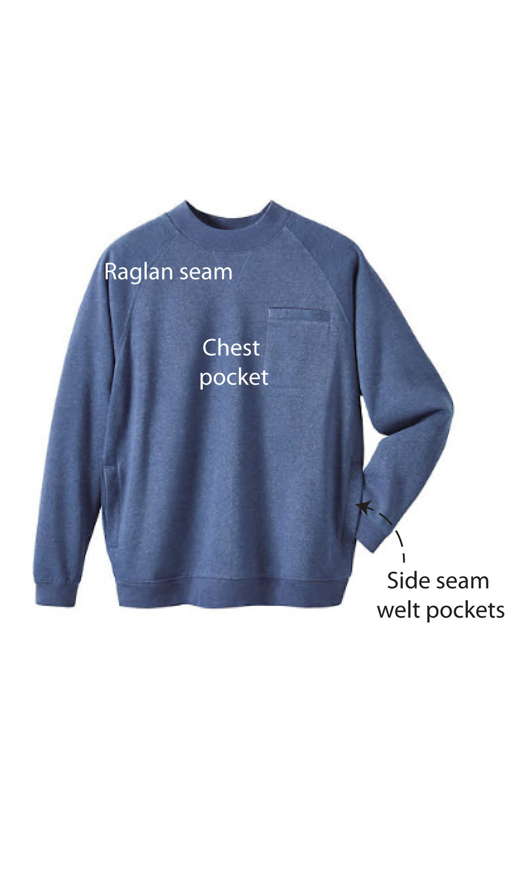 Herren 3-Taschen-Fleece-Sweatshirt mit Raglan-Nähten, Brusttasche und etikettenlosem Nacken