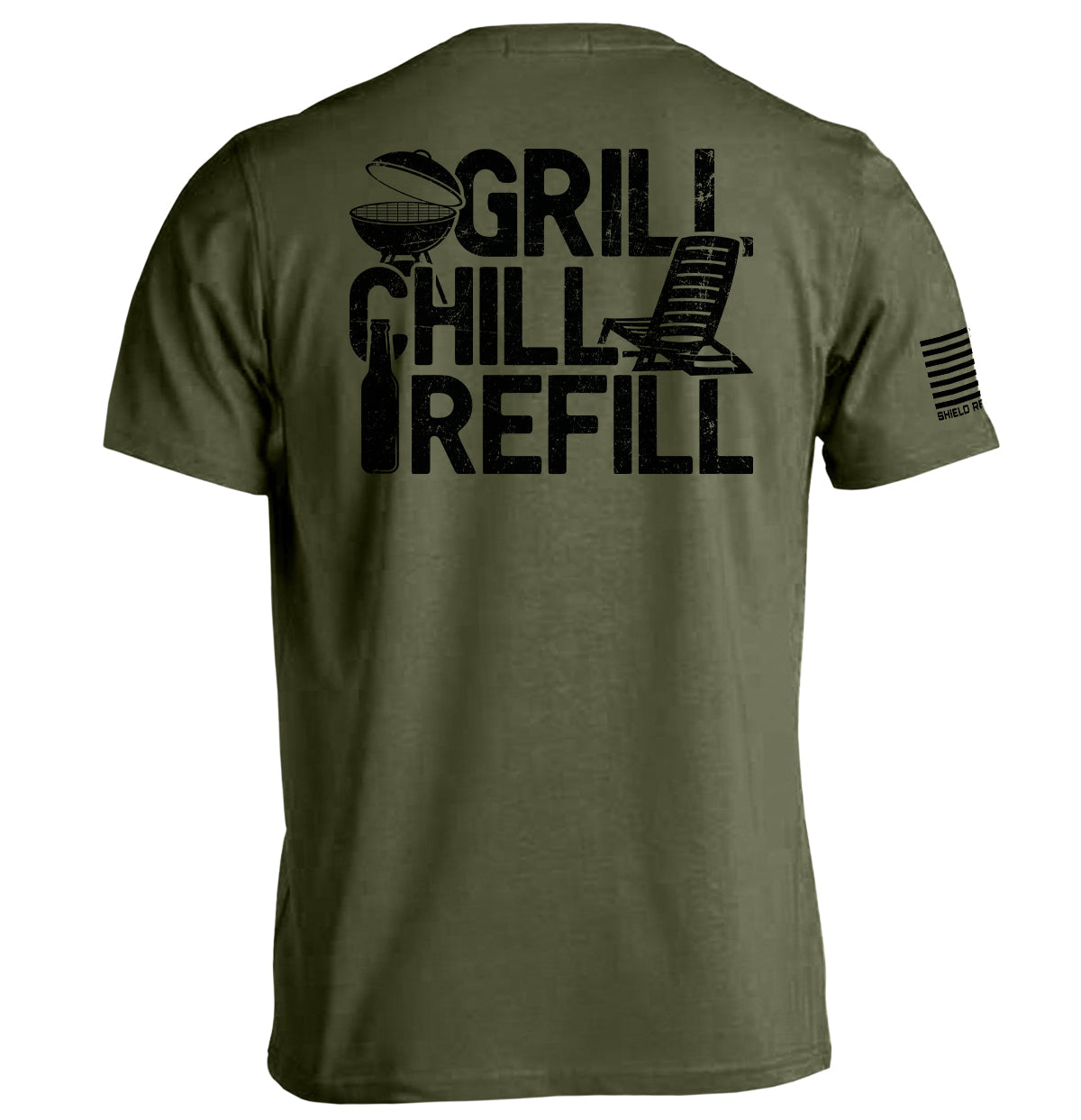 Green t-shirt with black graphic and text on a white background