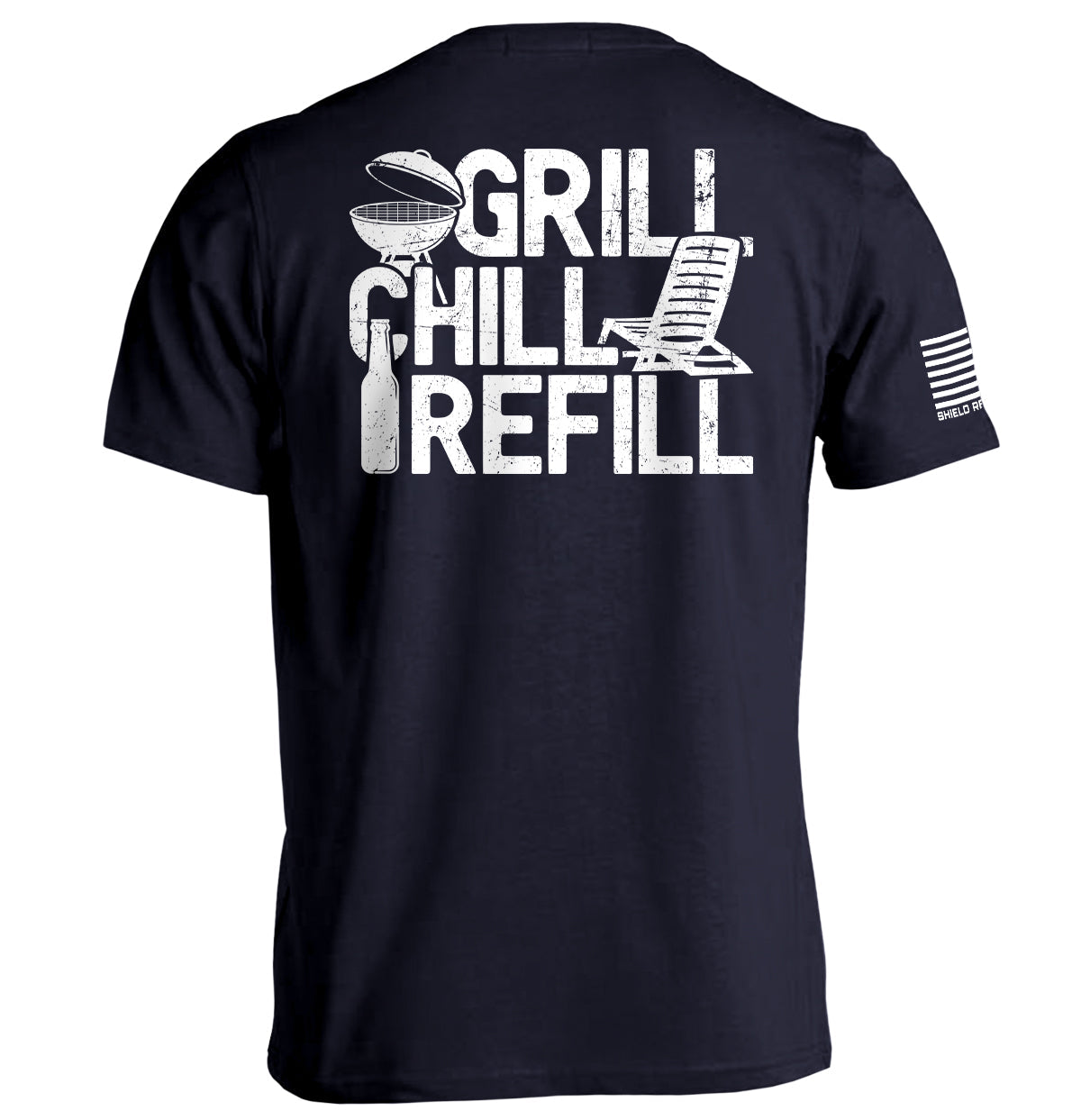 Black t-shirt with white graphic and text 'GRILL CHILL REFILL' on a white background