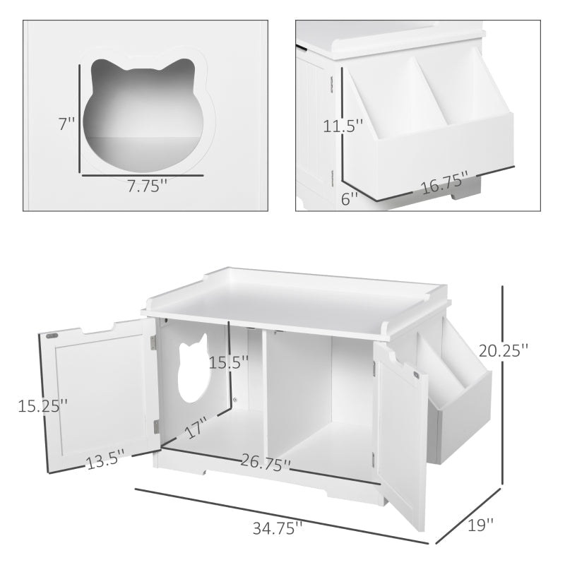 Wooden Cat Litter Box Enclosure with Nightstand & Side Storage Rack