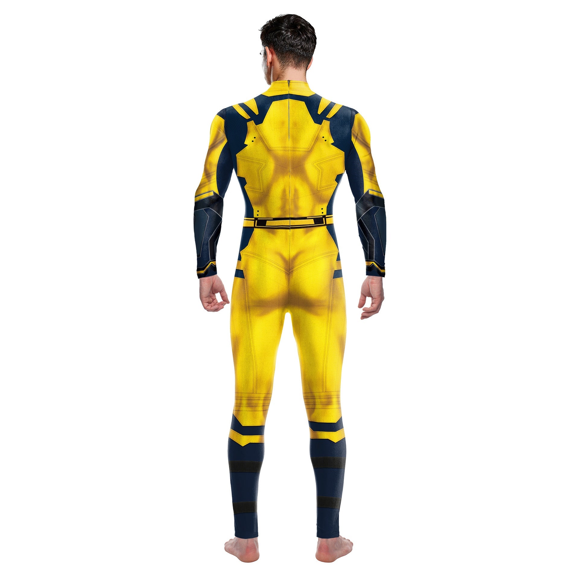 Person wearing a yellow and black superhero costume on a white background