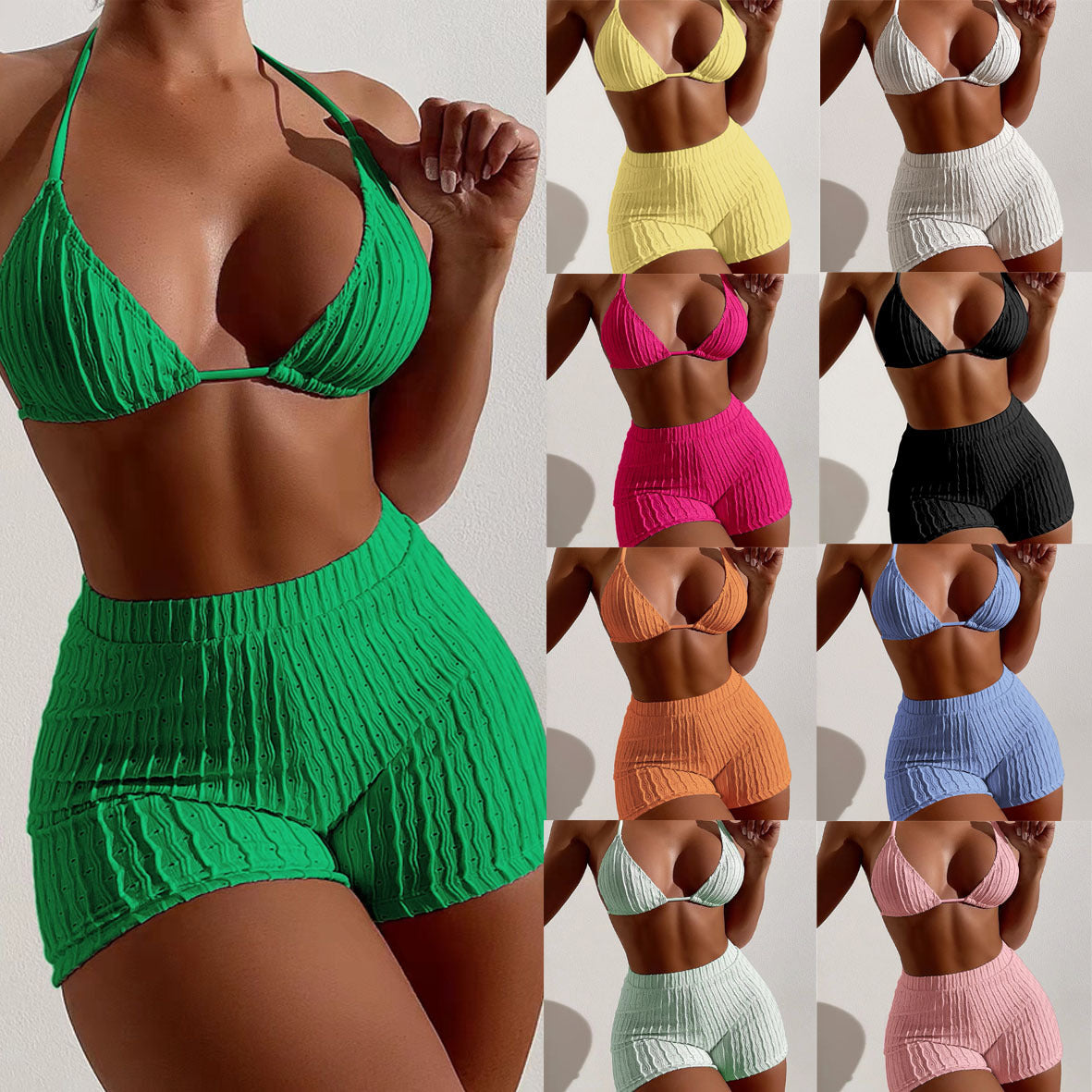 Collage of women wearing colorful bikini sets on a neutral background