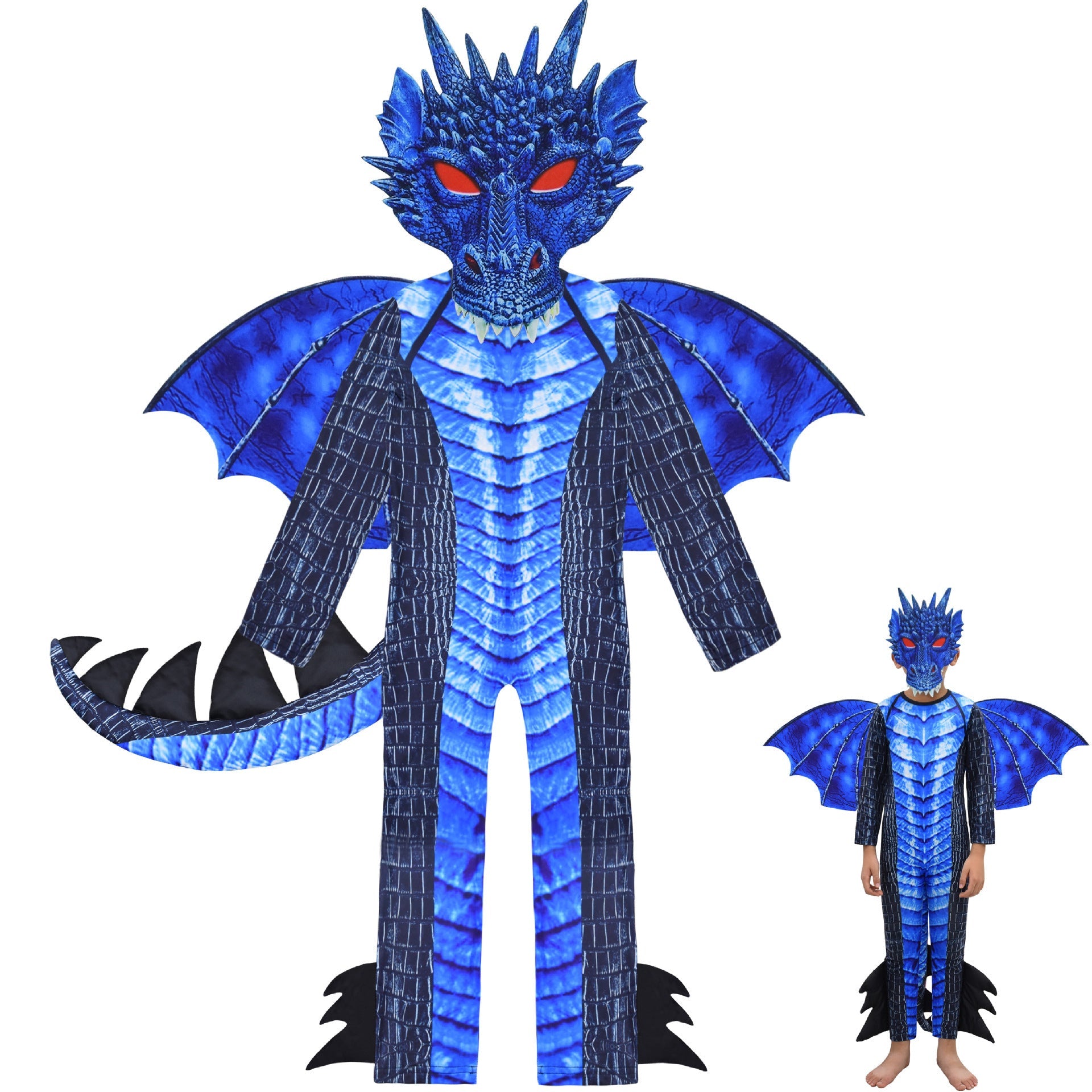 Blue dragon costume with wings and headpiece on a white background, and a smaller one in lower right corner.