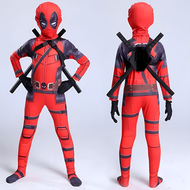 Red superhero costume with black accents on a white background
