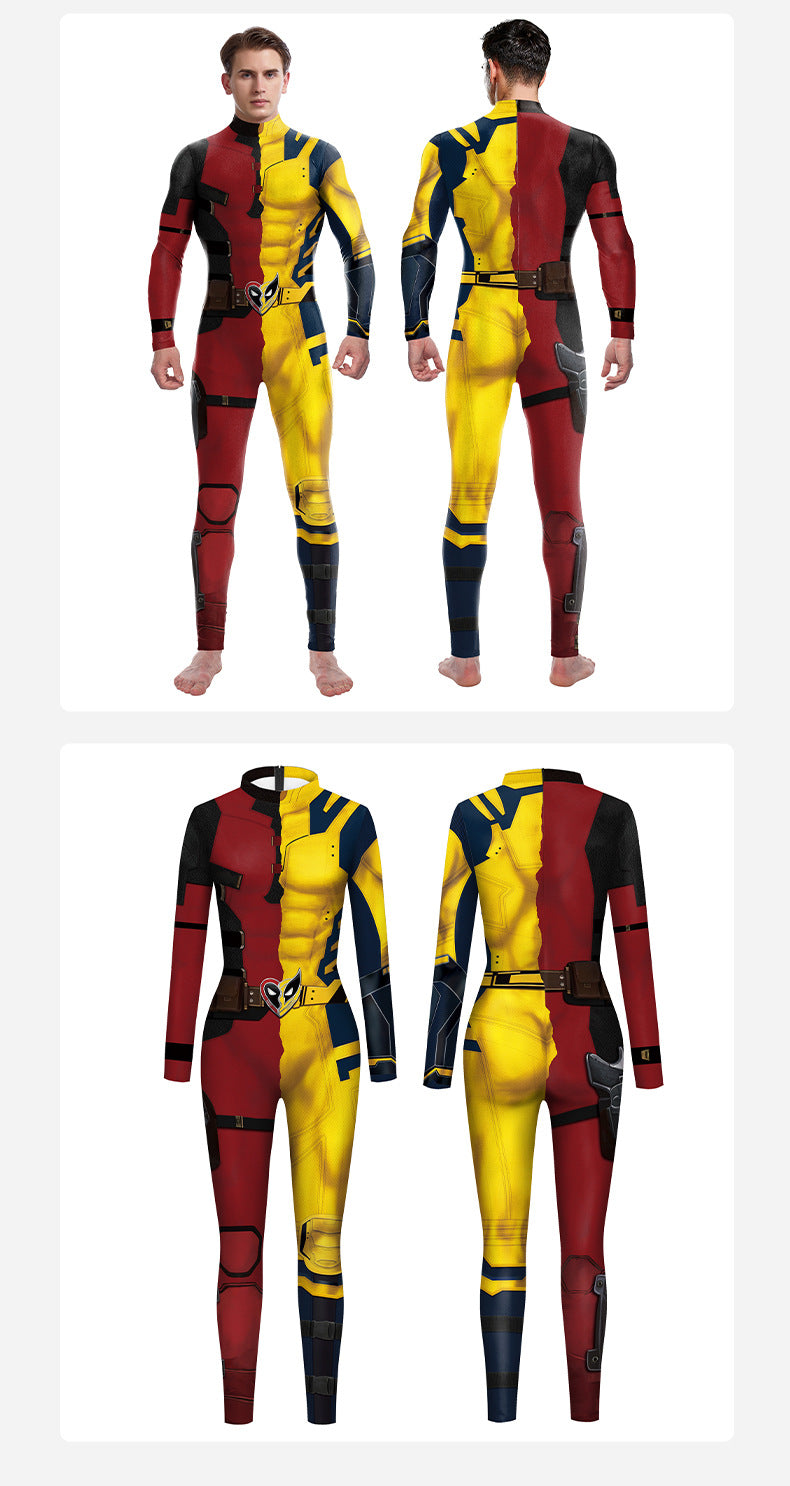 Colorful superhero costume shown from front, back, and side views on a white background.