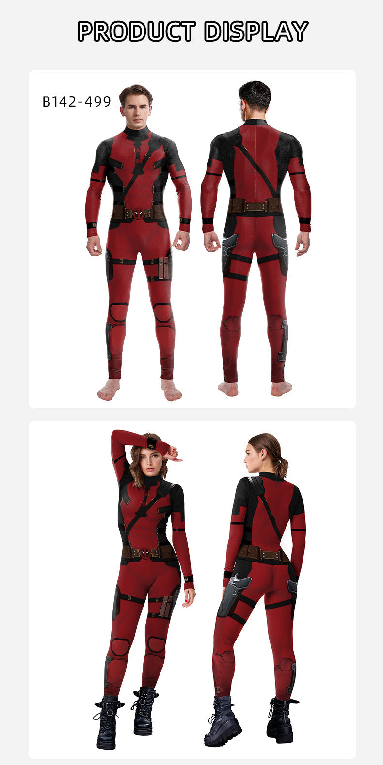 Red and black superhero costume displayed from multiple angles on a white background.