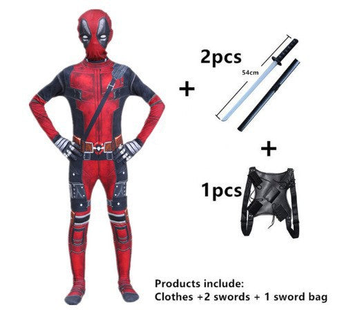 Deadpool costume with two swords and a sword bag on a white background