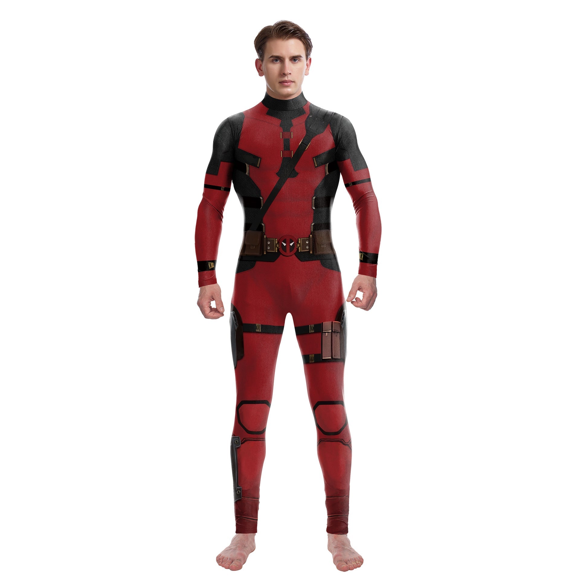Person wearing a red and black superhero costume on a white background
