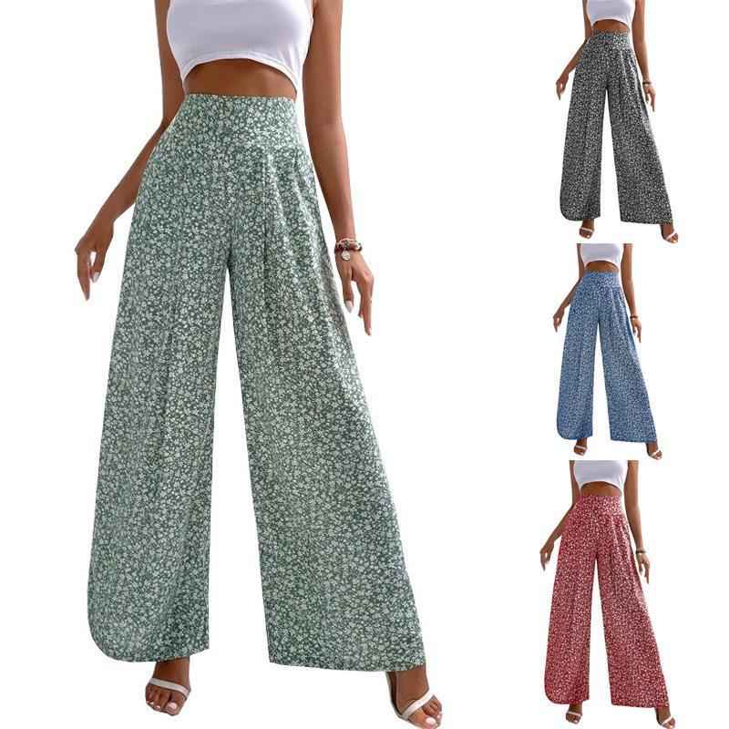 Four different patterns of wide-leg pants worn by a model on a white background.