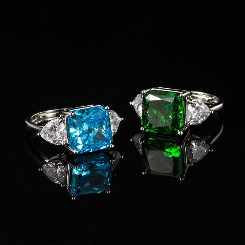 Ice Flower Cut CZ Adjustable Ring | Heart Side Stones, Blue & Green