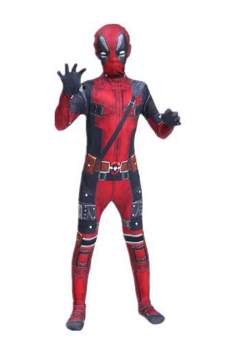 Person wearing a red and black superhero costume on a white background