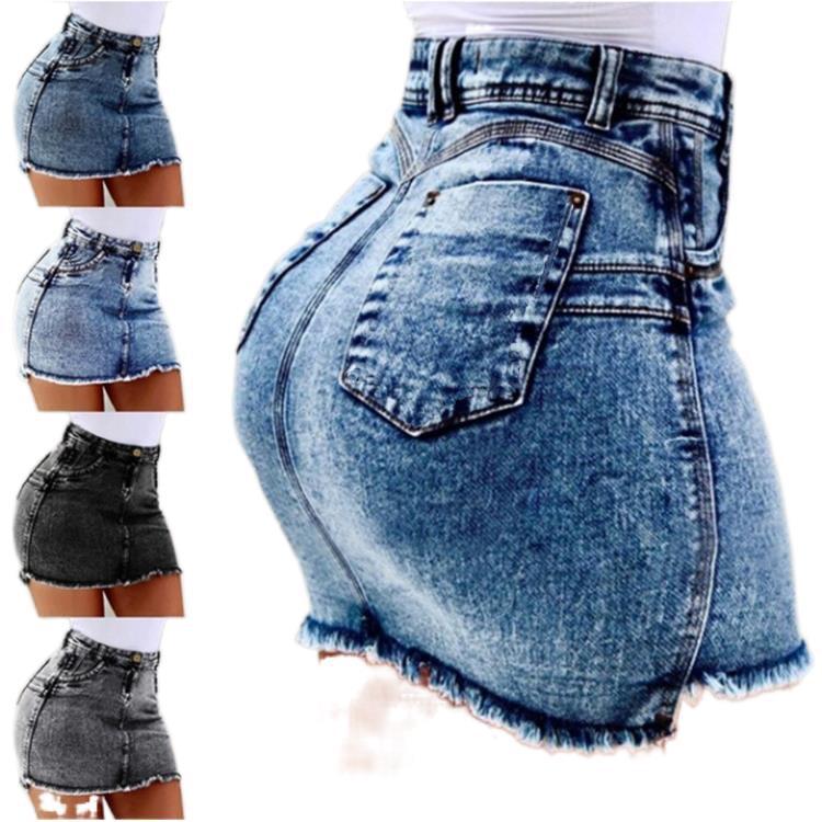 Collection of denim shorts in different styles and colors on a white background