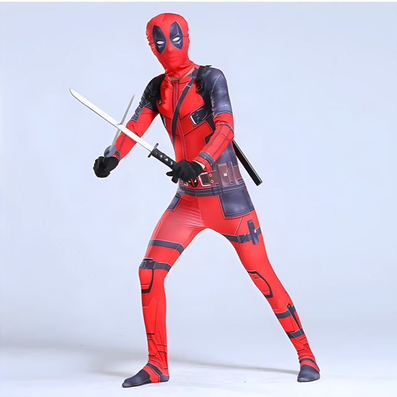 Person wearing a red and black superhero costume with a sword on a light gray background
