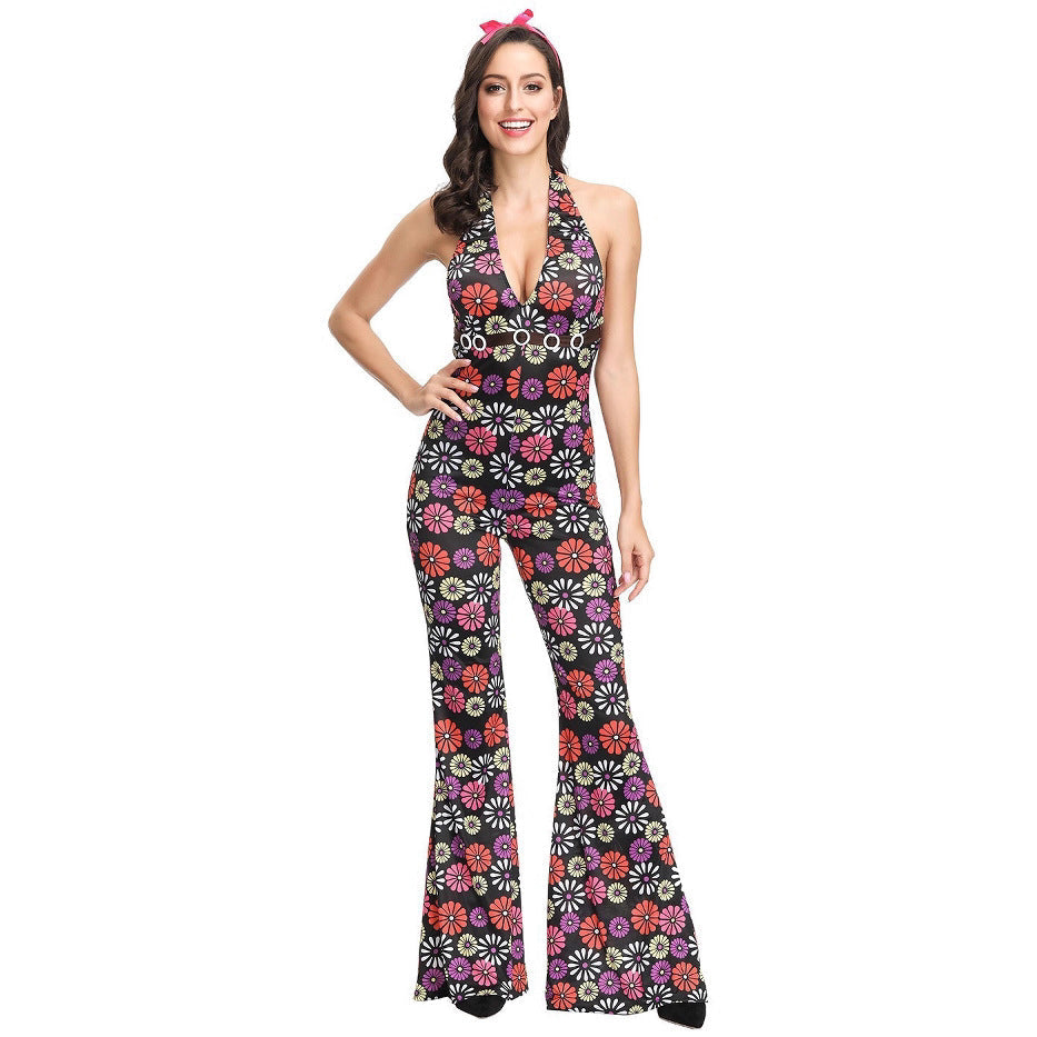 Woman wearing a floral jumpsuit on a white background