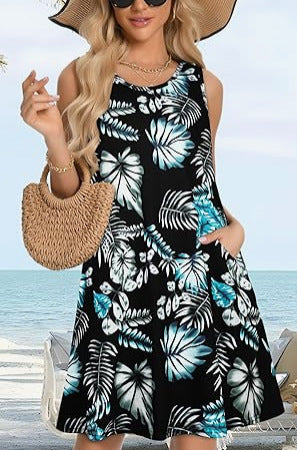 Tropical Print Beach Dress – Women’s Casual Coastal Vacation Dress with Pockets
