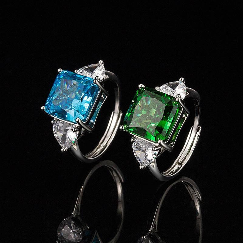 Ice Flower Cut CZ Adjustable Ring | Heart Side Stones, Blue & Green