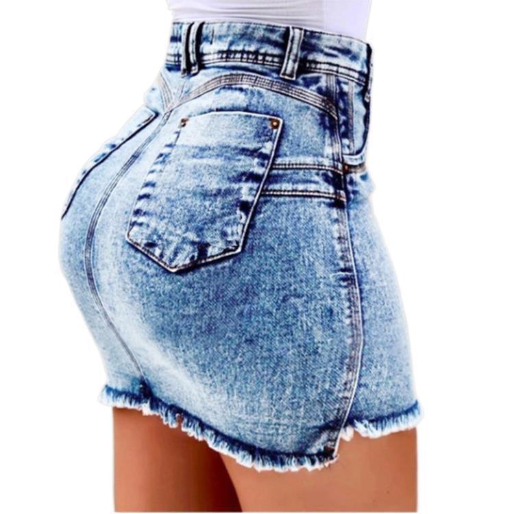 Blue denim shorts on a white background