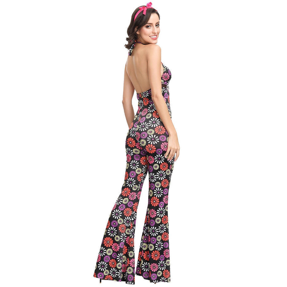 Woman wearing a floral jumpsuit on a white background