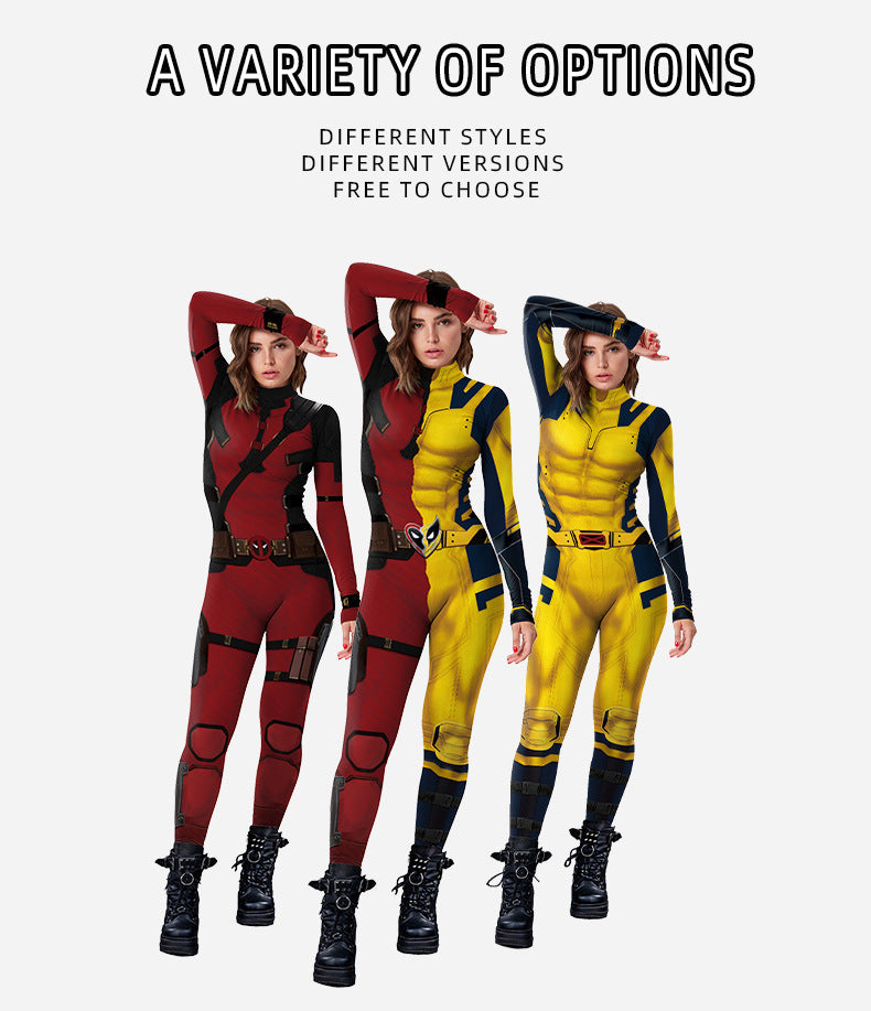 Three superhero costumes in red, yellow, and black on a white background with text about options and choices.