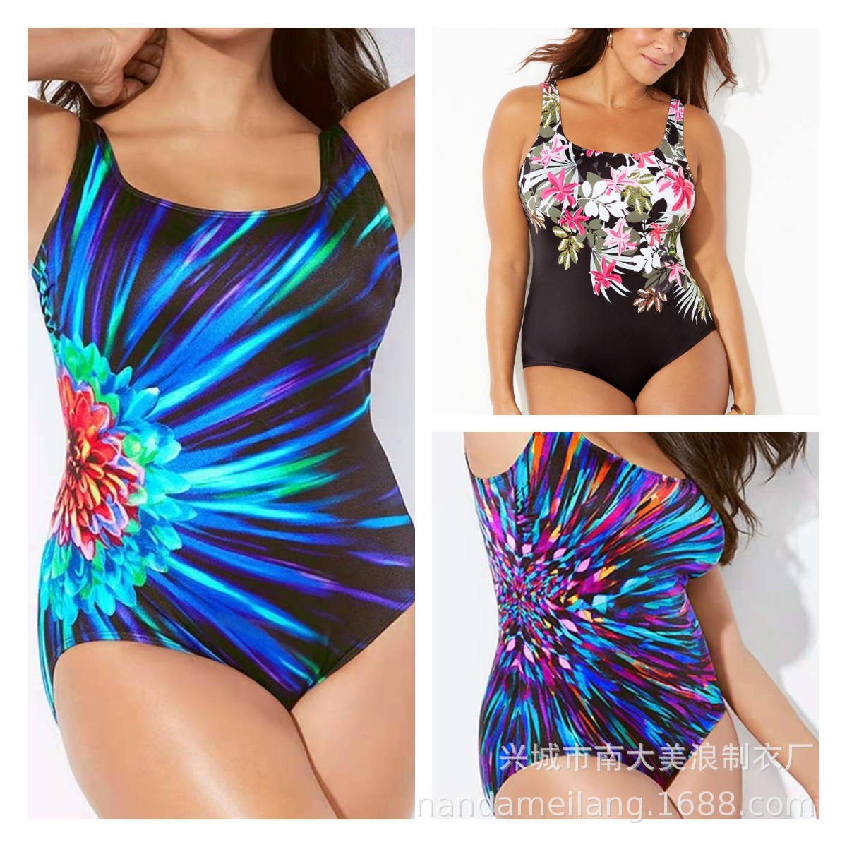 Three different colorful swimsuits displayed in a collage.