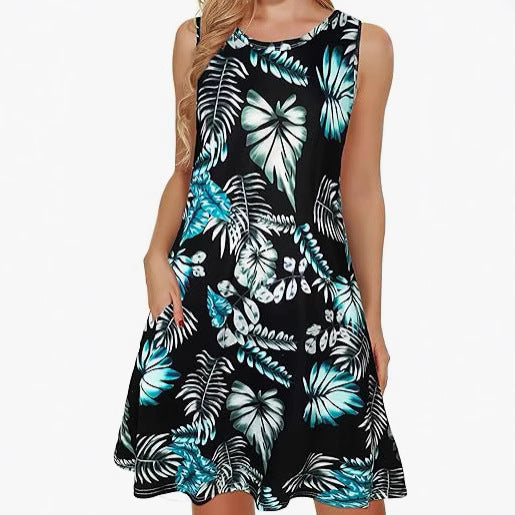 Tropical Print Beach Dress – Women’s Casual Coastal Vacation Dress with Pockets