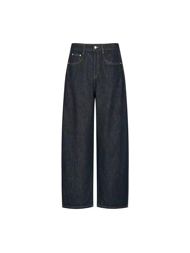 Pair of dark blue jeans on a white background