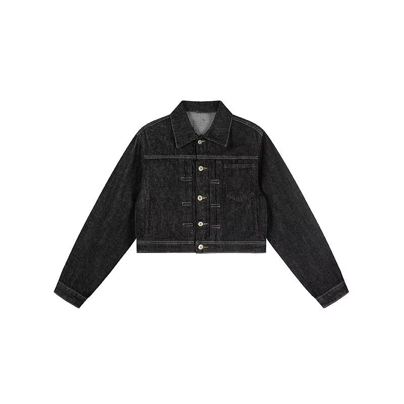 Black denim jacket on a white background