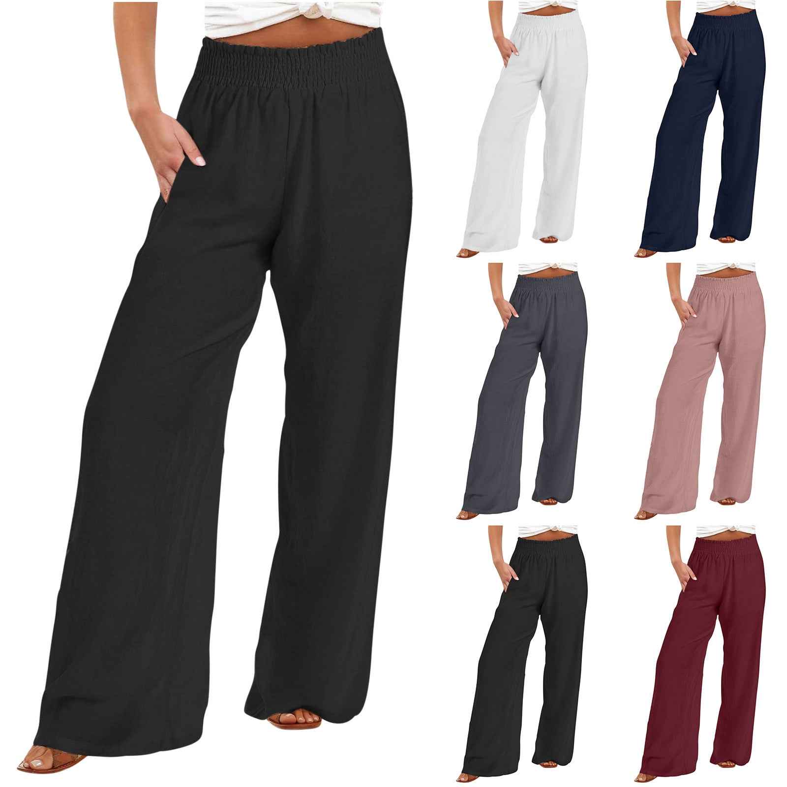 Black wide-leg pants displayed with color options on a white background