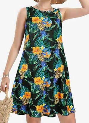 Tropical Print Beach Dress – Women’s Casual Coastal Vacation Dress with Pockets