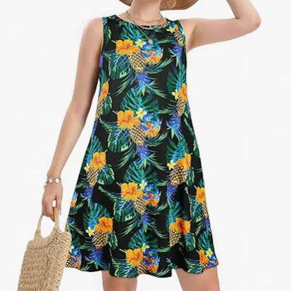 Tropical Print Beach Dress – Women’s Casual Coastal Vacation Dress with Pockets