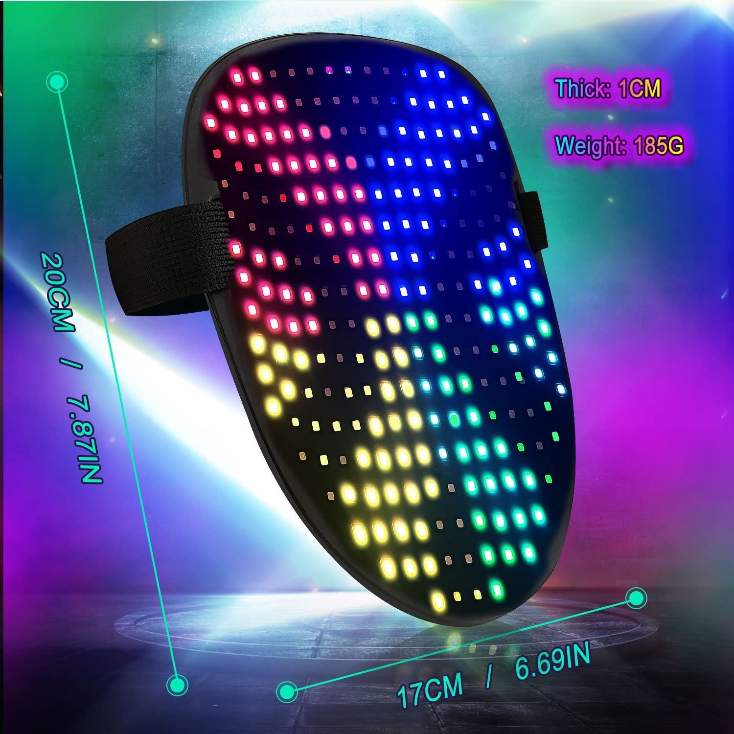 LED mask with colorful lights on a dark background