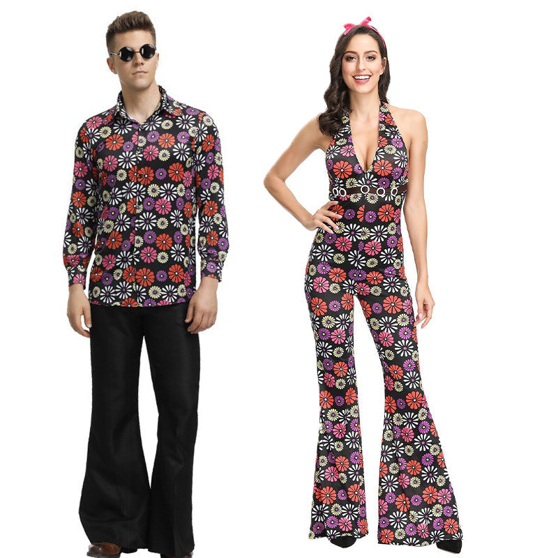 Man and woman wearing matching floral outfits on a white background
