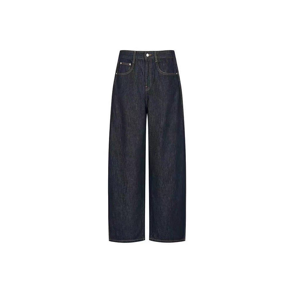 Pair of dark blue jeans on a white background