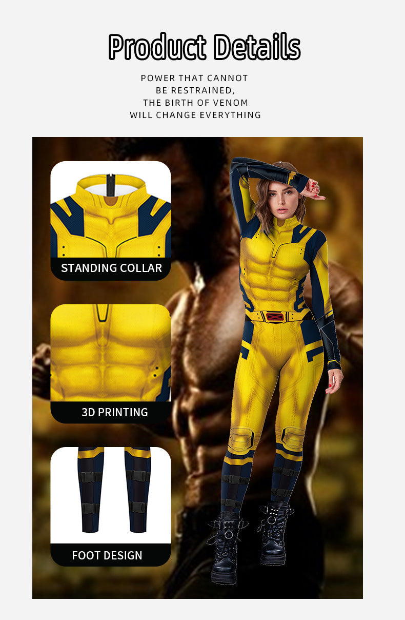 Yellow superhero costume with 3D printed elements and text about power and change.