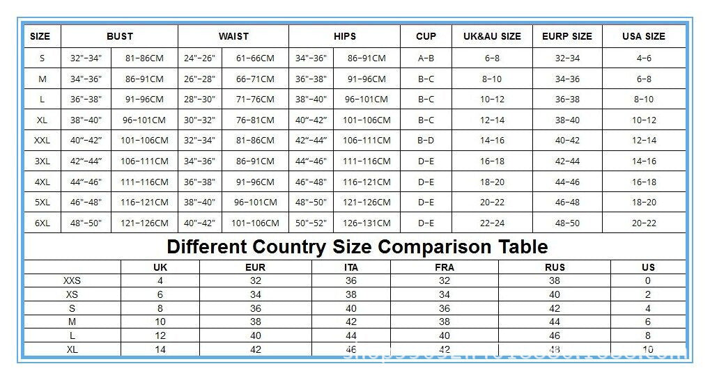 Size comparison chart for clothing with measurements in various units.