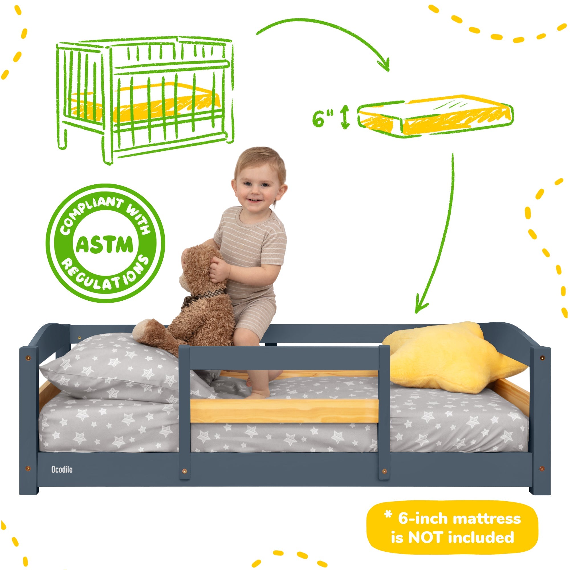 Toddler Bed with Full Safety Rails — Pine & Birch Wood, Fits Standard Crib Mattress