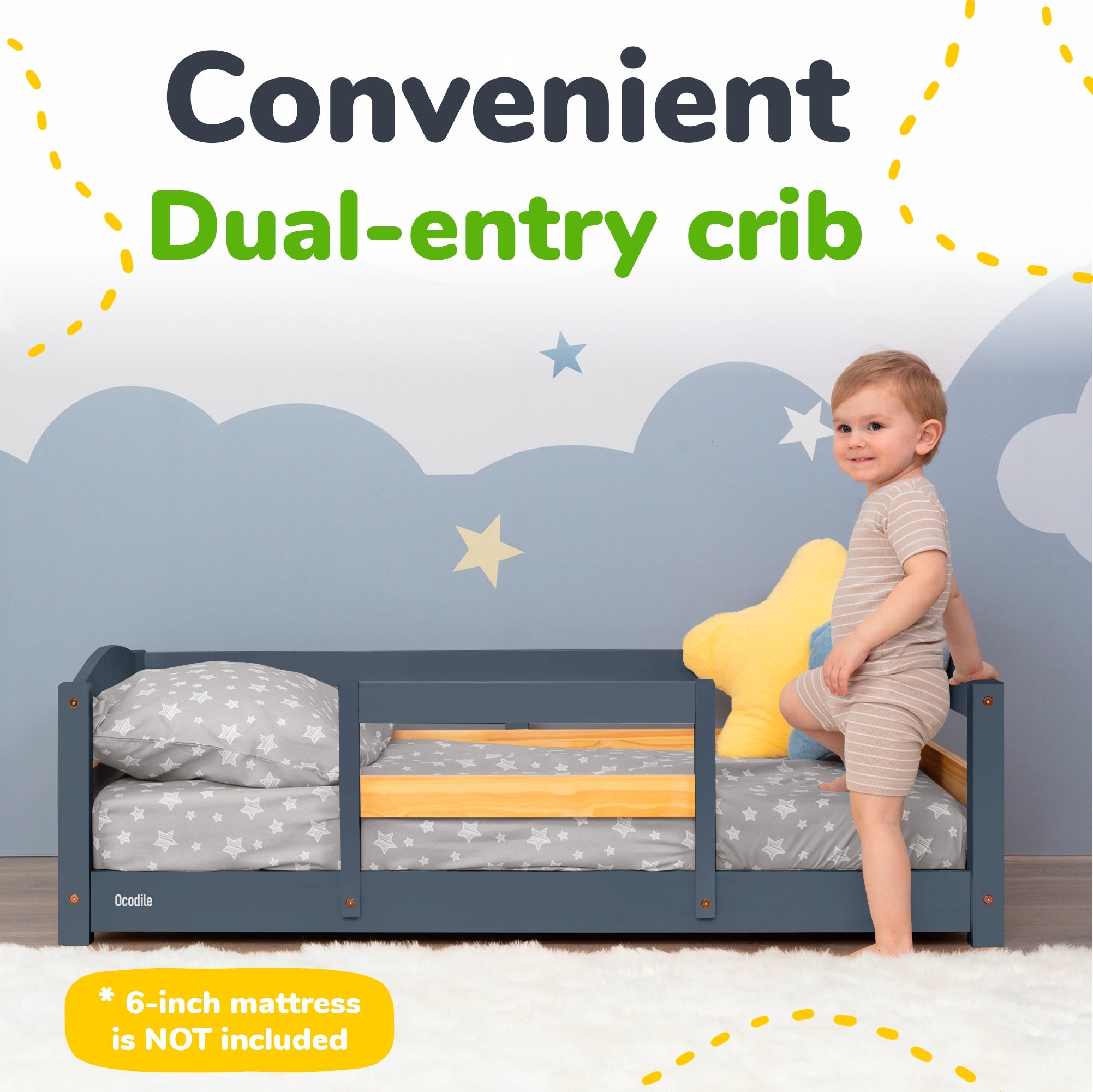 Toddler Bed with Full Safety Rails — Pine & Birch Wood, Fits Standard Crib Mattress