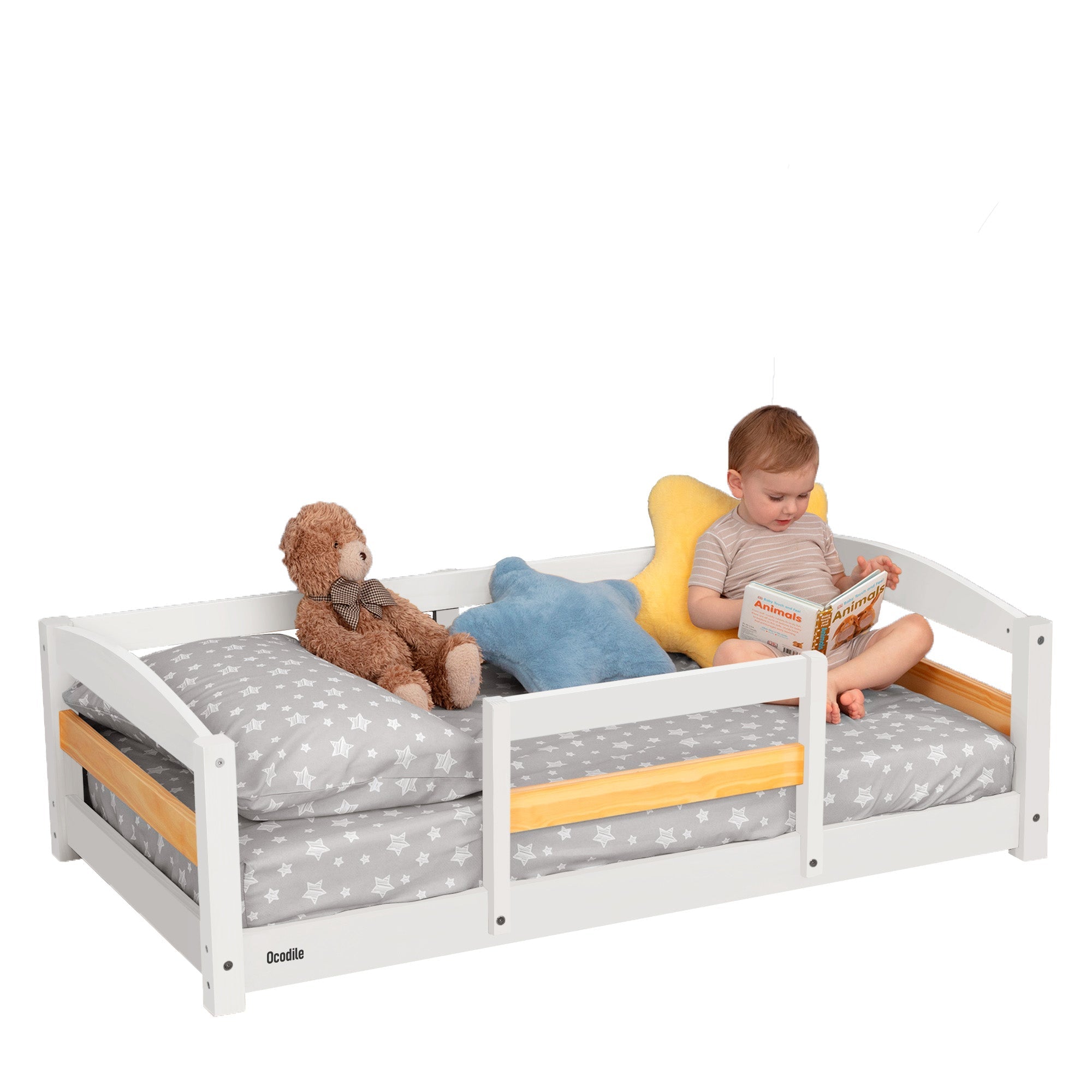 Toddler Bed with Full Safety Rails — Pine & Birch Wood, Fits Standard Crib Mattress