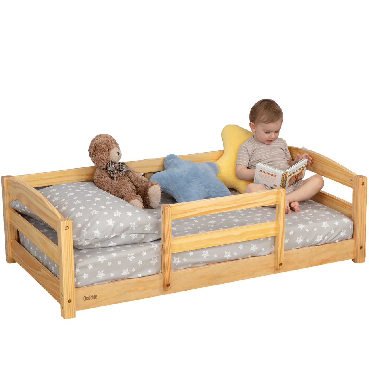 Toddler Bed with Full Safety Rails — Pine & Birch Wood, Fits Standard Crib Mattress