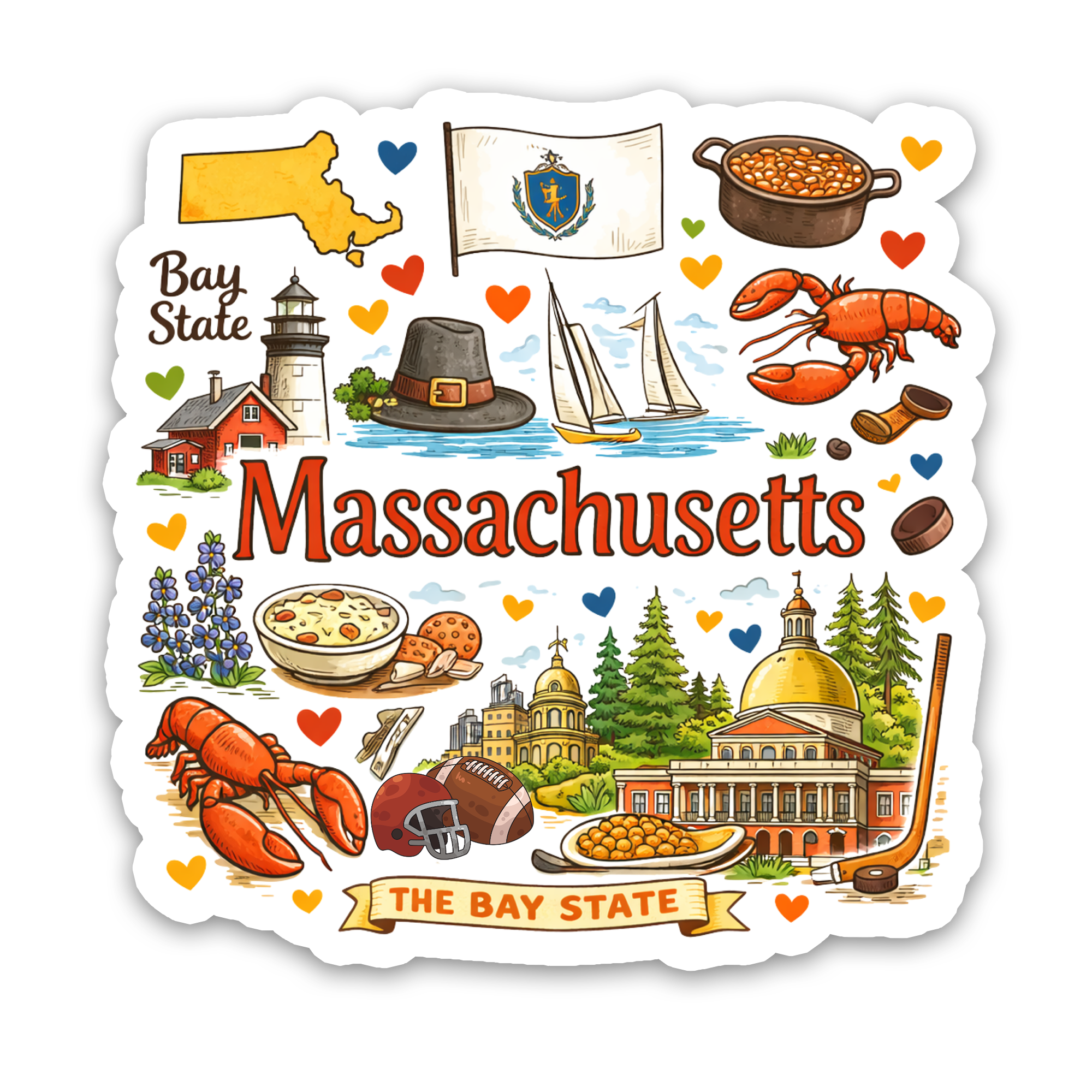 Massachusetts The Bay State Icons Vinyl Sticker | Boston Souvenir Decal